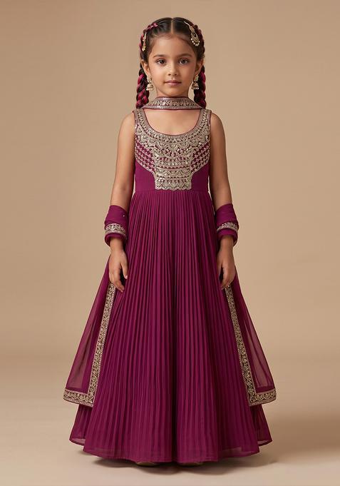 Girls Purple Handwork Goergette Anarkali With Dupatta