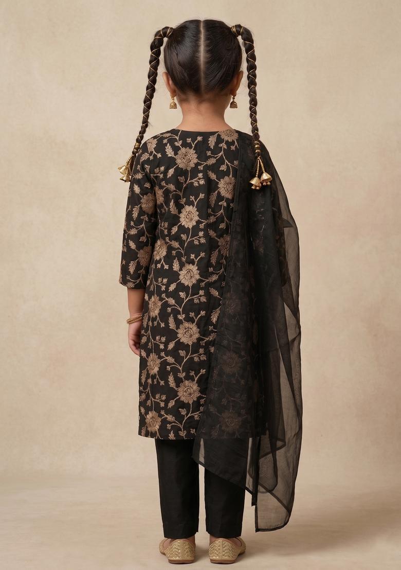 Girls Black Chanderi Kurta Set - Indya