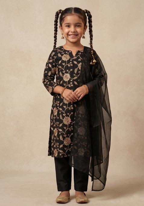 Girls Black Chanderi Kurta Set