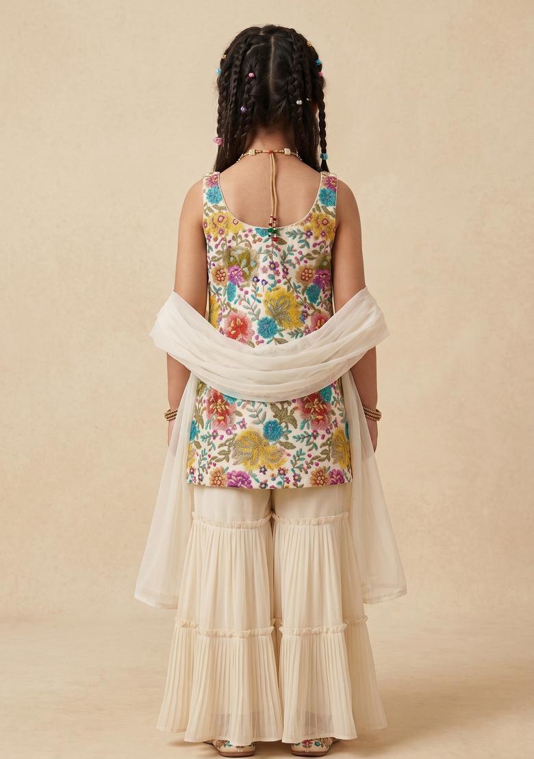 Girls Off White Sequin Crepe Sharara Set - Indya