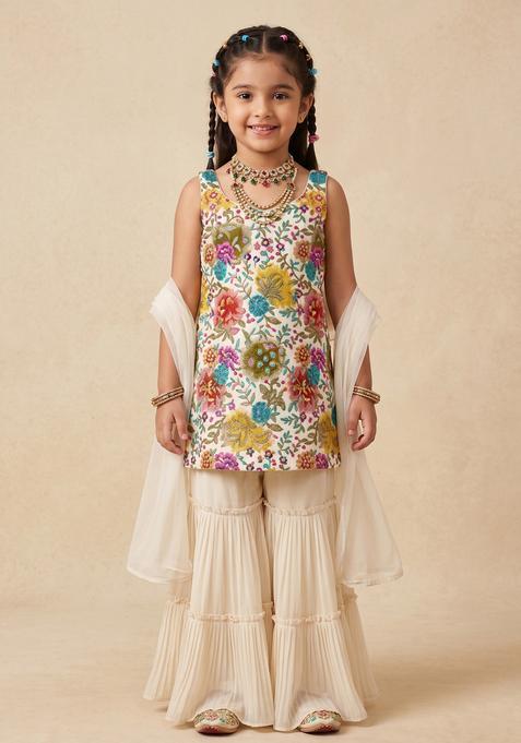 Girls Off White Sequin Crepe Sharara Set