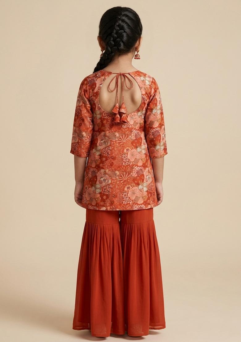 Girls Red Embroidered Crepe Sharara Set - Indya