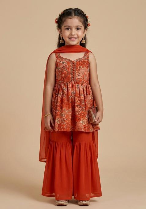 Girls Red Embroidered Crepe Sharara Set
