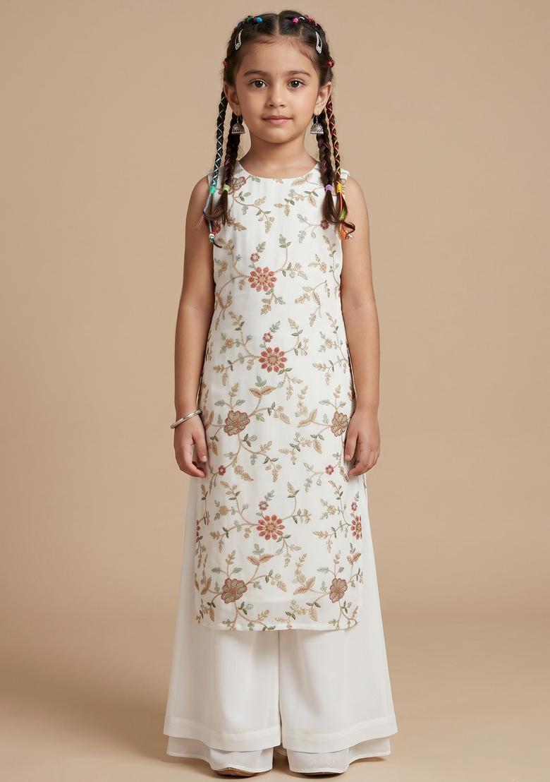 Girls White Embroidered Crepe Kurta Set - Indya