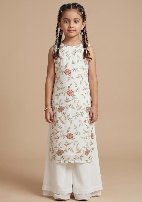 Girls White Embroidered Crepe Kurta Set