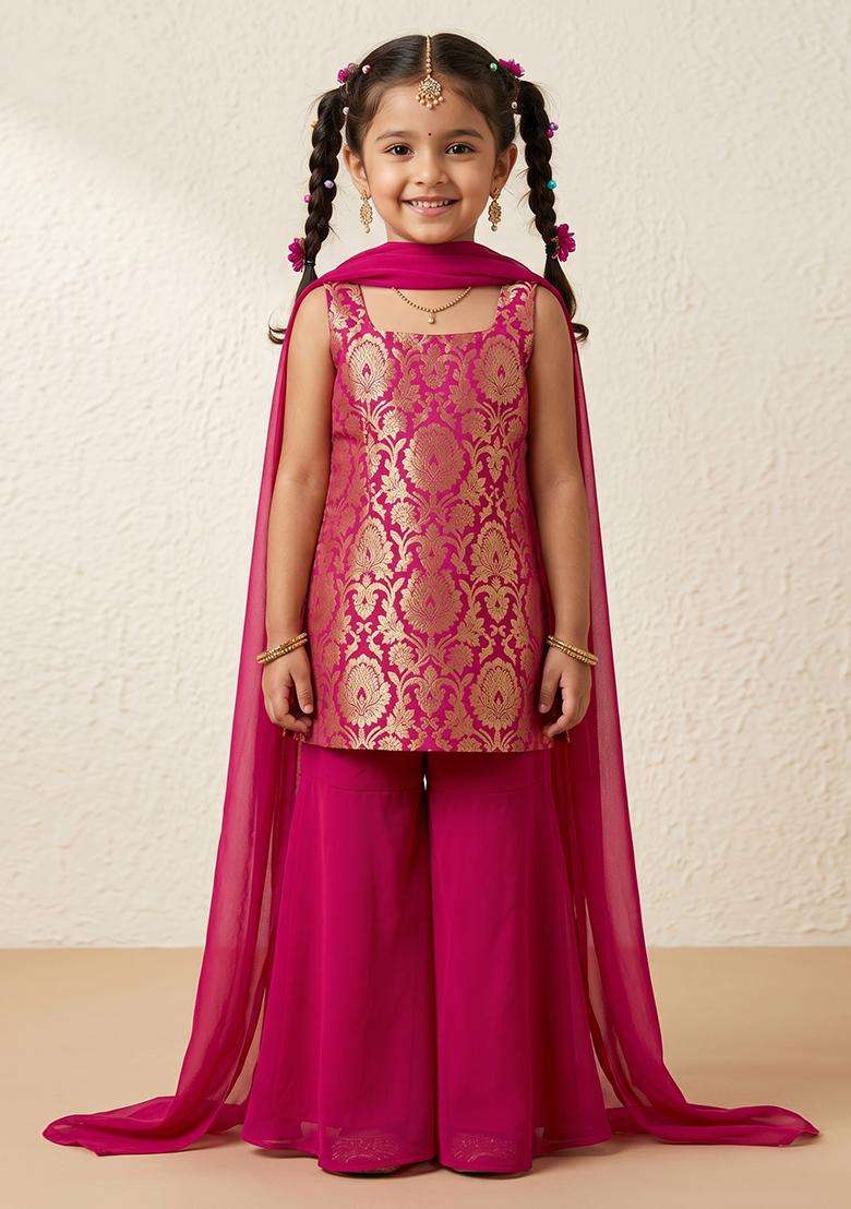 Girls Rani Pink Brocade Sharara Set - Indya