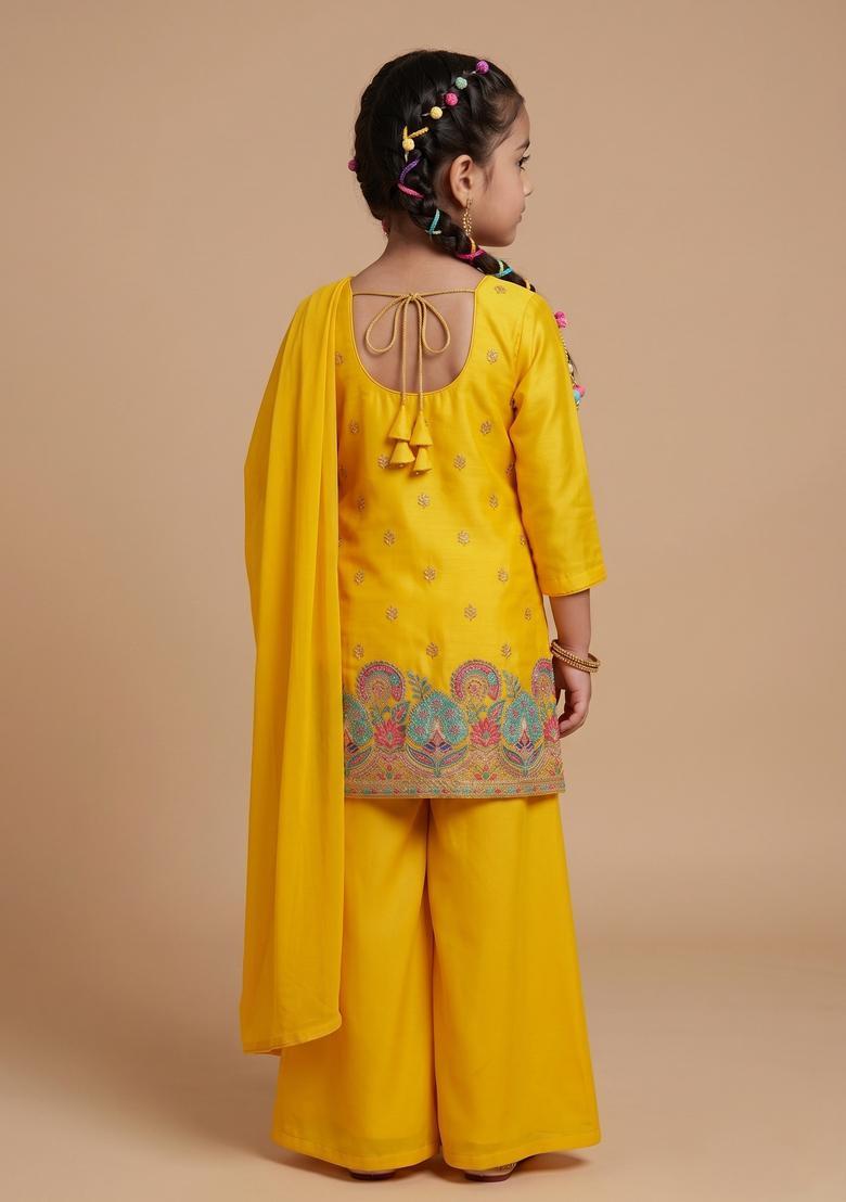 Girls Yellow Embroidered Crepe Sharara Set - Indya