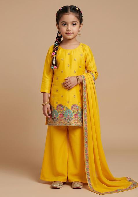 Girls Yellow Embroidered Crepe Sharara Set