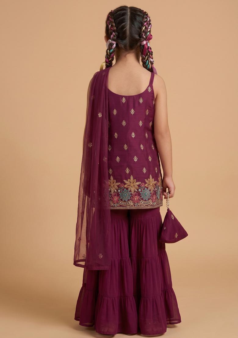Girls Wine Embroidered Crepe Sharara Set - Indya