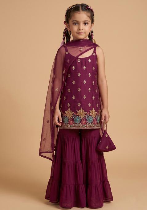 Girls Wine Embroidered Crepe Sharara Set
