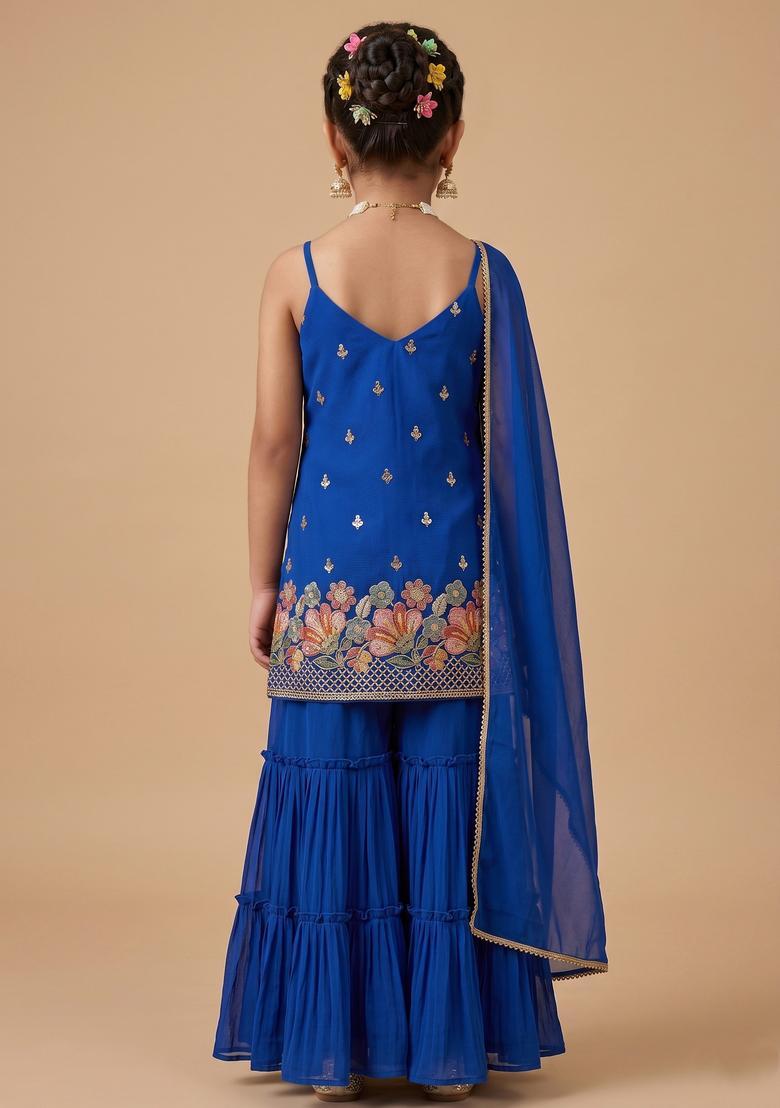 Girls Cobalt Embroidered Crepe Sharara Set - Indya
