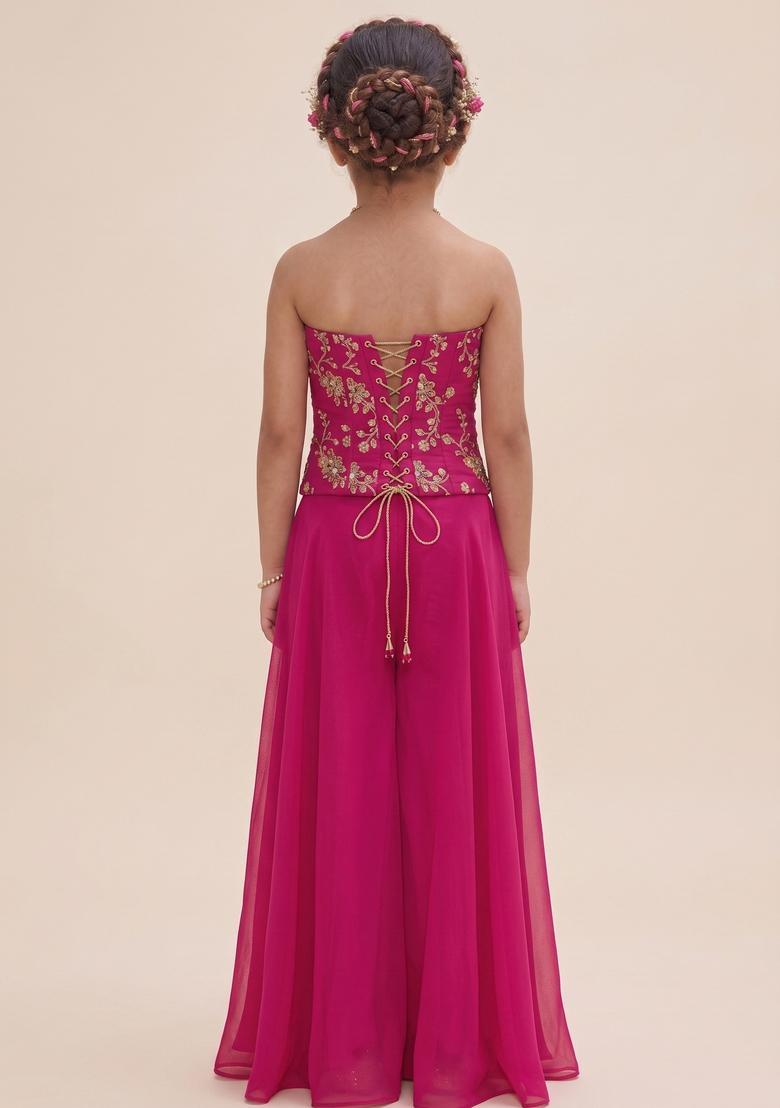 Girls Hot Pink Embroidered Crepe Fusion Set - Indya