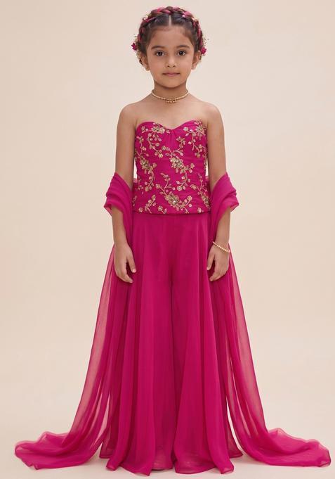 Girls Hot Pink Embroidered Crepe Fusion Set