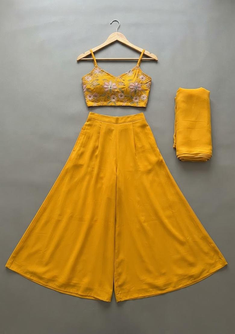Girls Mustard Yellow Embroidered Organza Fusion Set - Indya