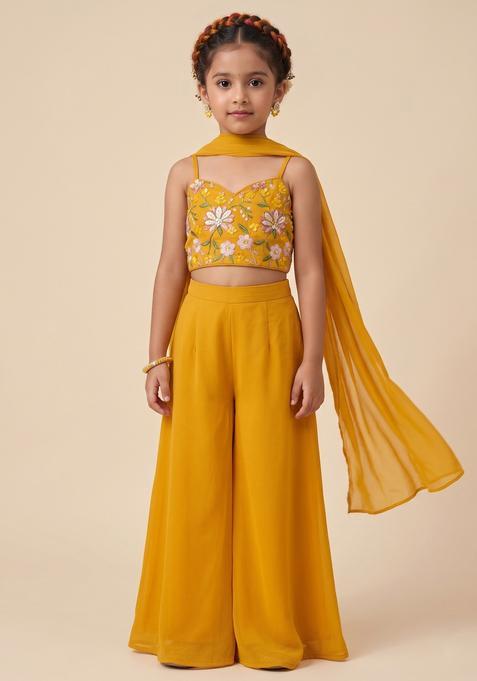 Girls Mustard Yellow Embroidered Organza Fusion Set