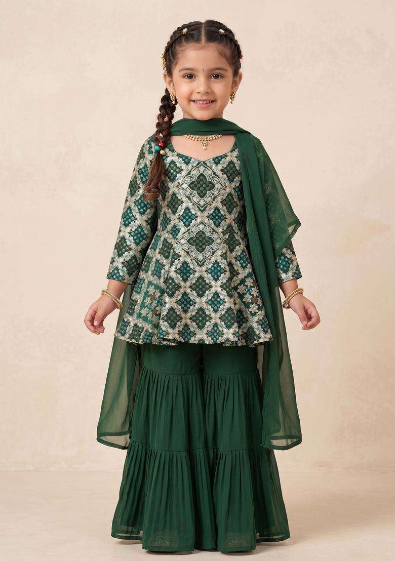 Girls Bottle Green Zari Silk Sharara Set - Indya
