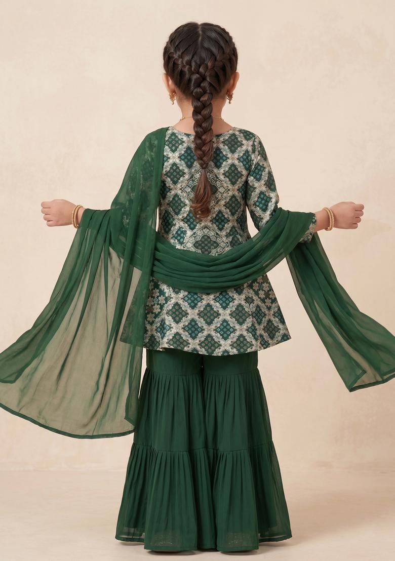 Girls Bottle Green Zari Silk Sharara Set - Indya