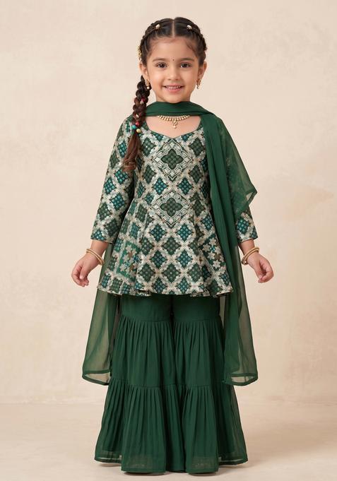 Girls Bottle Green Zari Silk Sharara Set