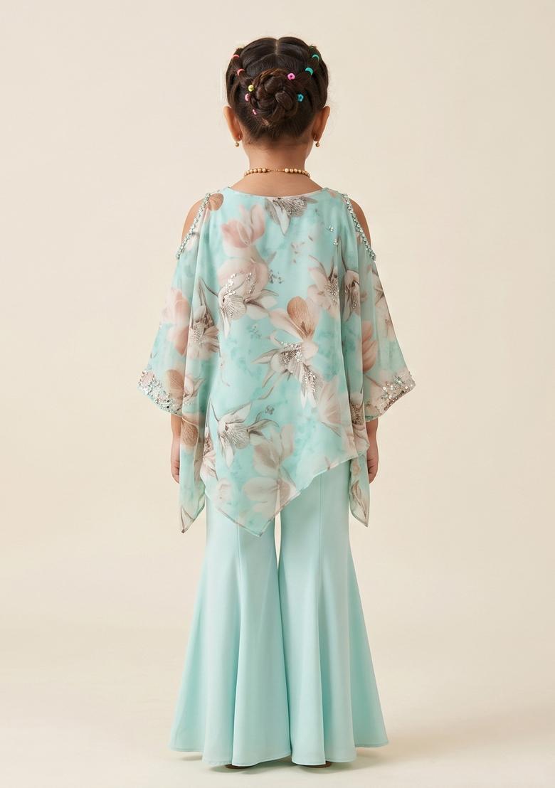 Girls Powder Blue Printed Organza Fusion Set - Indya