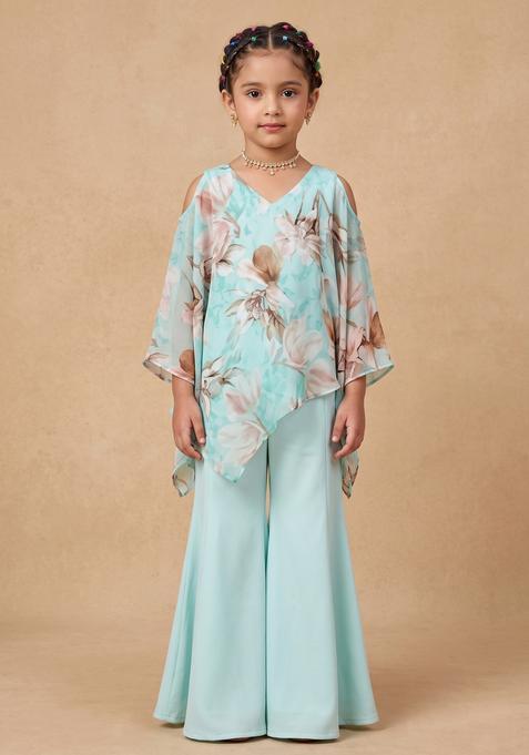 Girls Powder Blue Printed Organza Fusion Set