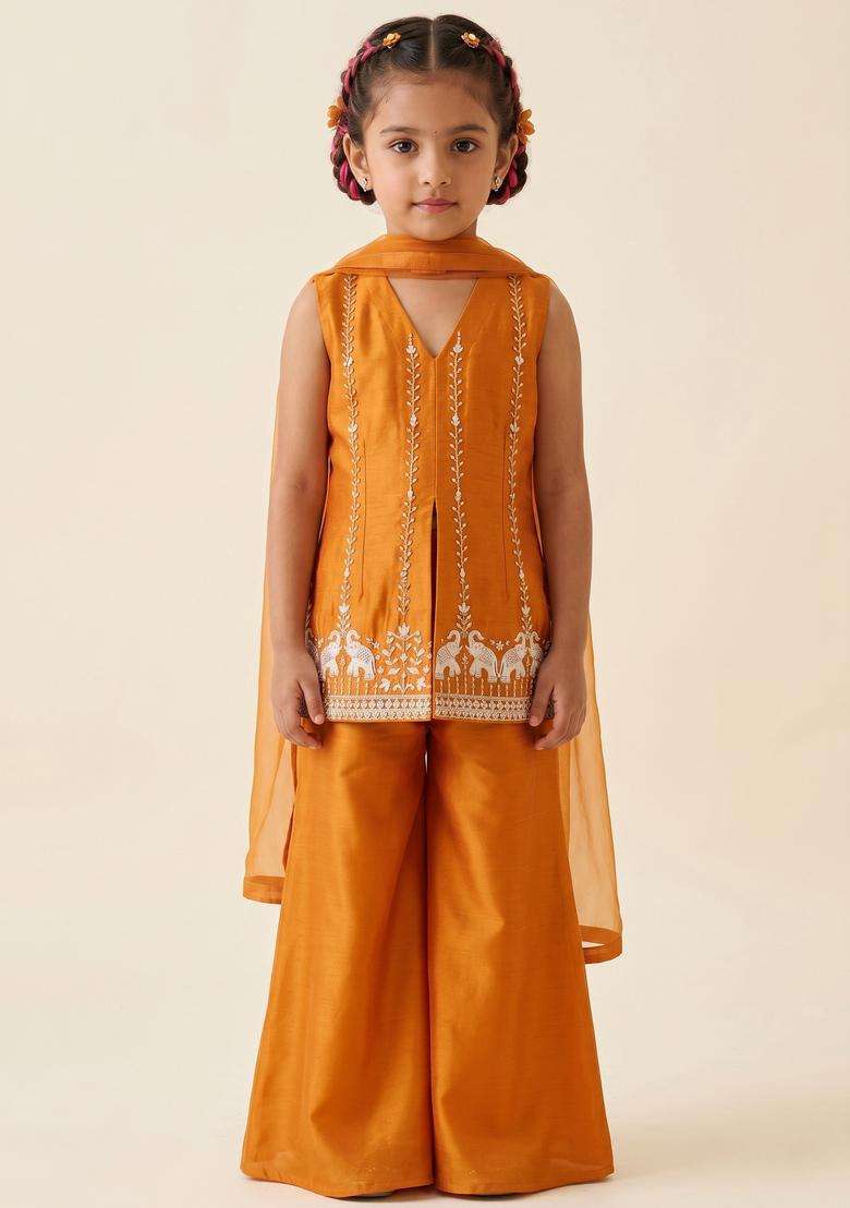 Girls Orange Embroidered Cosmos Sharara Set - Indya