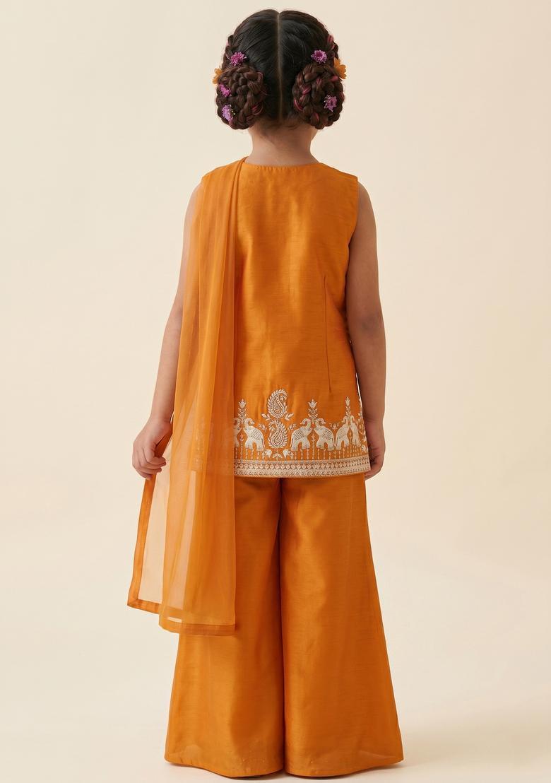 Girls Orange Embroidered Cosmos Sharara Set - Indya