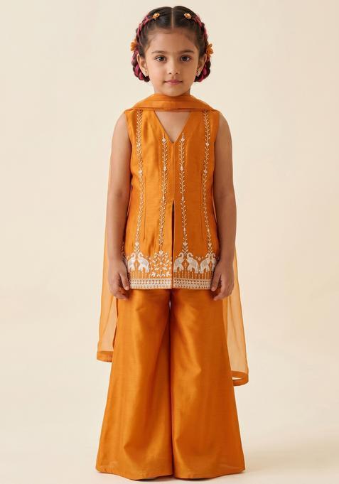 Girls Orange Embroidered Cosmos Sharara Set