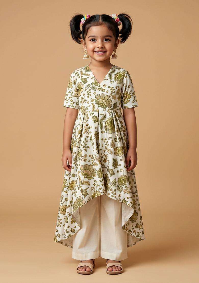 Girls Ivory Printed Crepe Kurta Set - Indya