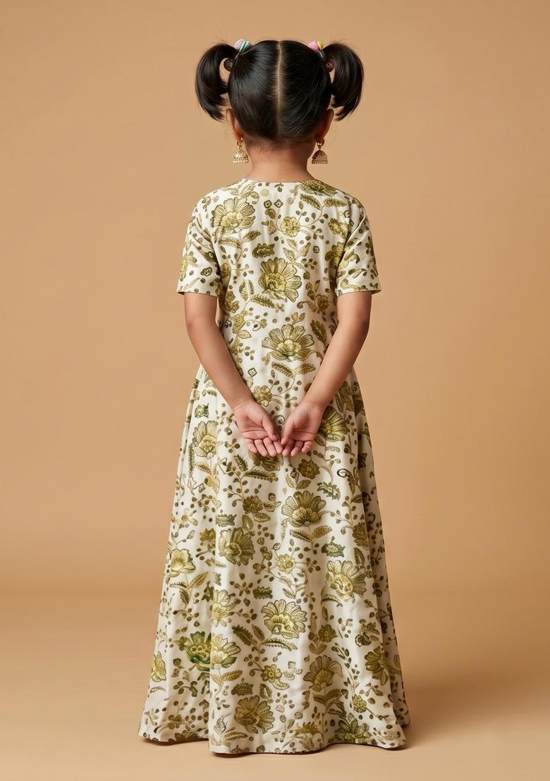 Girls Ivory Printed Crepe Kurta Set - Indya