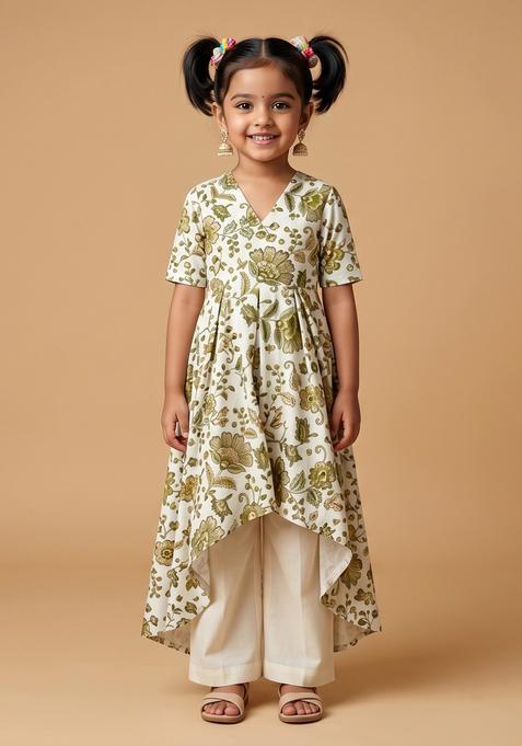 Girls Ivory Printed Crepe Kurta Set