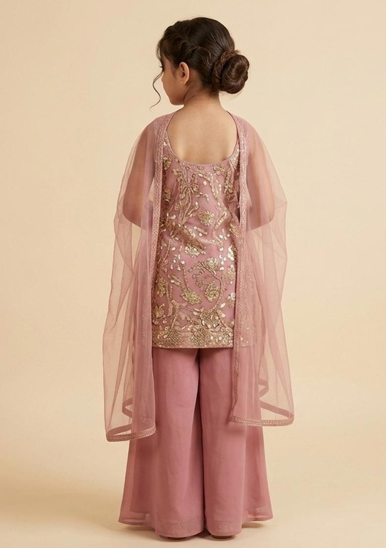 Girls Rose Pink Embroidered Crepe Sharara Set - Indya