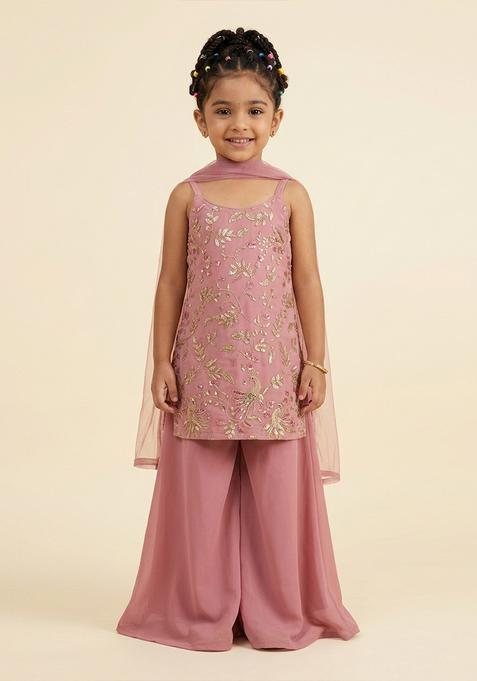Girls Rose Pink Embroidered Crepe Sharara Set
