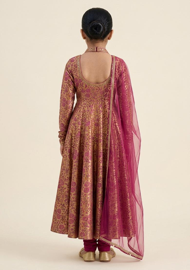 Girls Orange Self Design Silk Anarkali Set - Indya