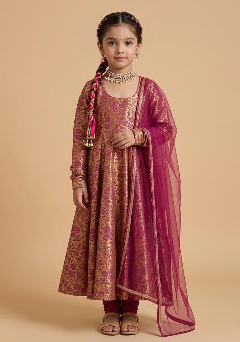 Girls Orange Self Design Silk Anarkali Set