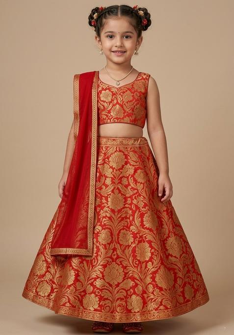 Girls Red Jacquard Brocade Lehenga Set