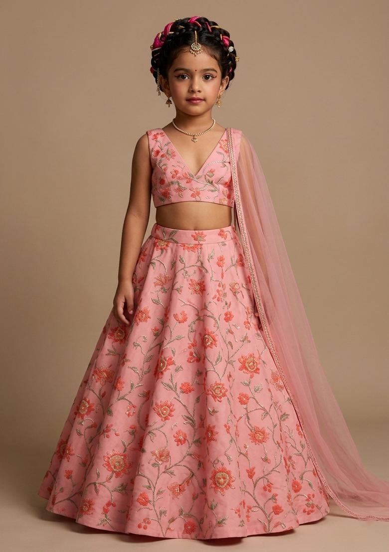 Girls Pink Embroidered Organza Lehenga Set - Indya