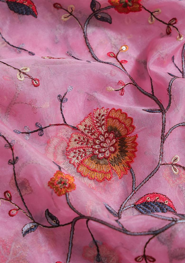 Girls Pink Embroidered Organza Lehenga Set - Indya