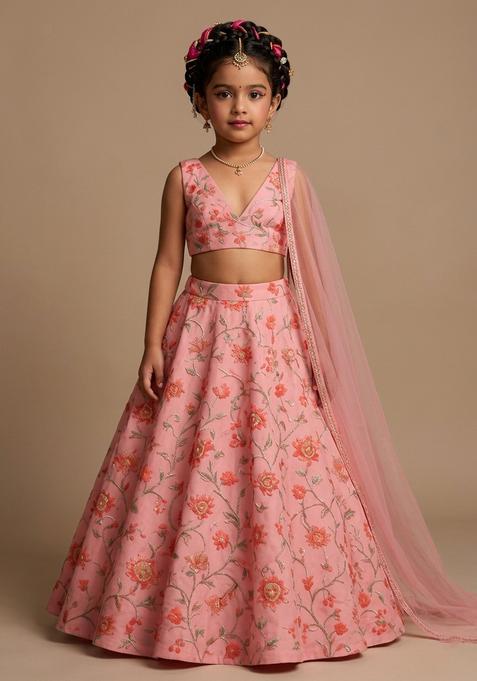 Girls Pink Embroidered Organza Lehenga Set