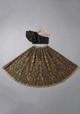 Girls Brown Printed Silk Lehenga Set