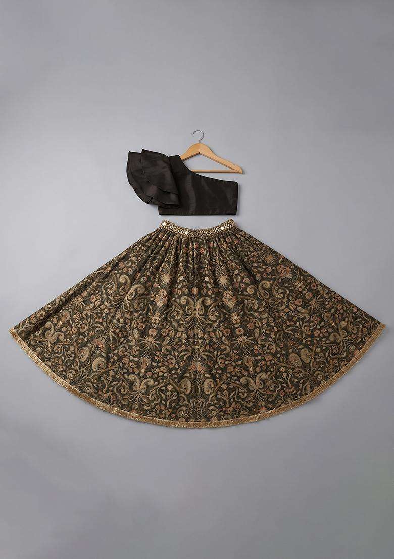 Girls Brown Printed Silk Lehenga Set - Indya