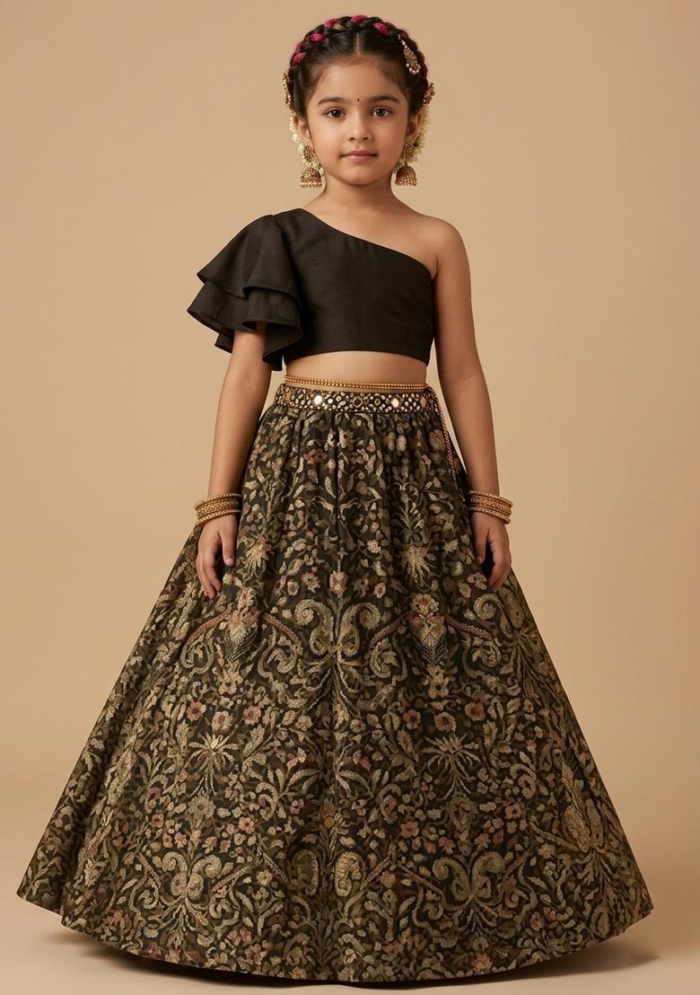 Girls Brown Printed Silk Lehenga Set - Indya