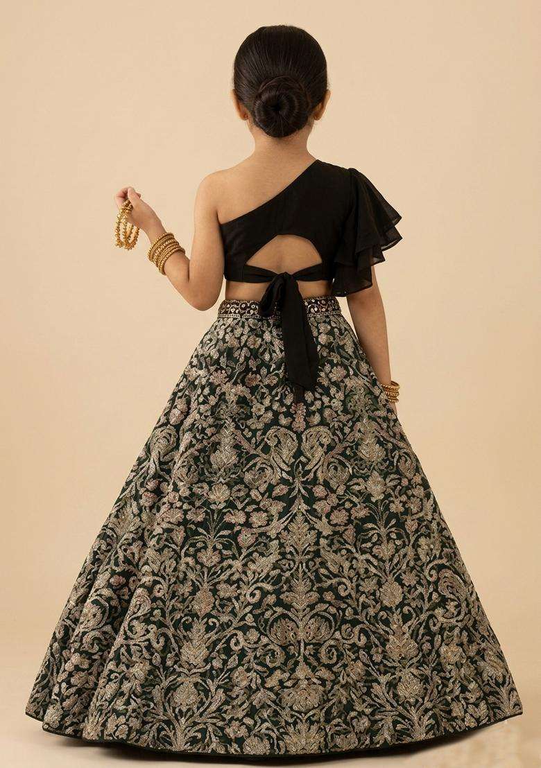 Girls Brown Printed Silk Lehenga Set - Indya