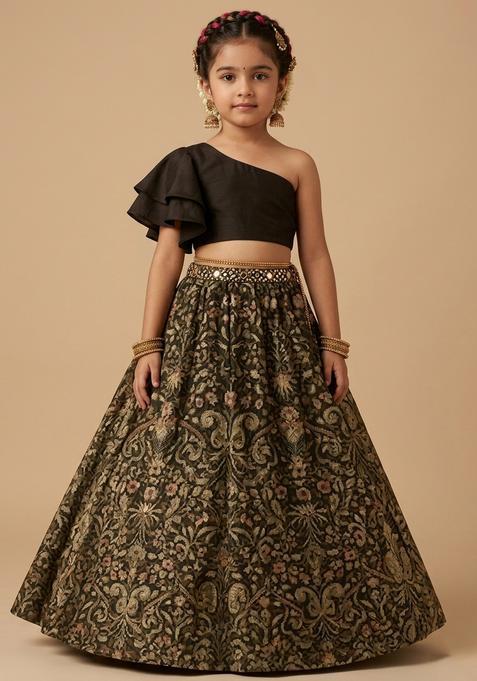 Girls Brown Printed Silk Lehenga Set