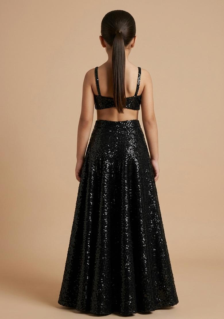Girls Black Sequins Embroidery Net Skirt Set - Indya