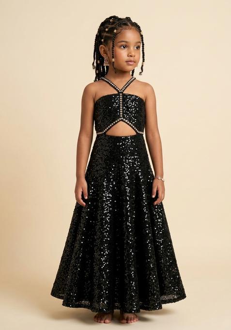 Girls Black Sequins Embroidery Net Skirt Set