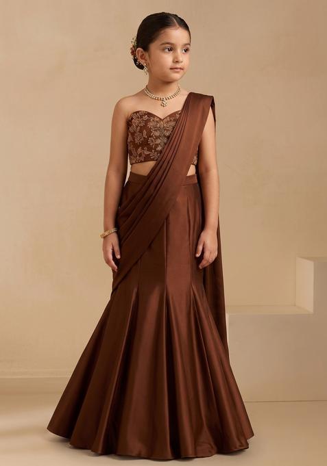 Girls Brown Floral Print Crepe Lehenga Set