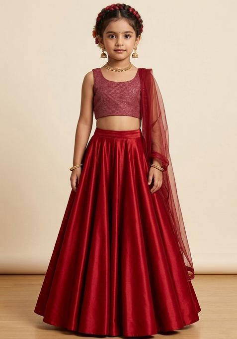 Girls Red Sequin Lurex Lehenga Set