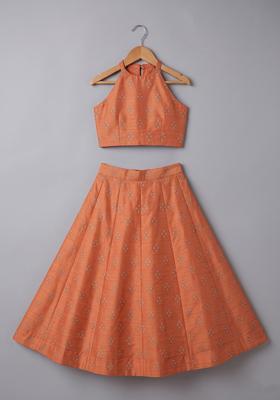 Girls Rust Embellished Linen Lehenga Set