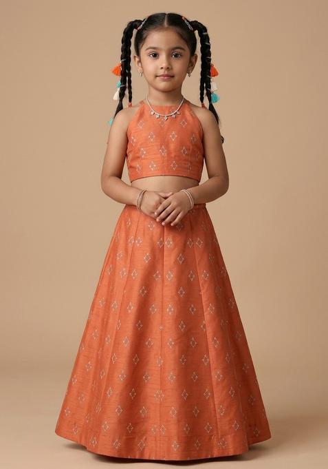 Girls Rust Embellished Linen Lehenga Set