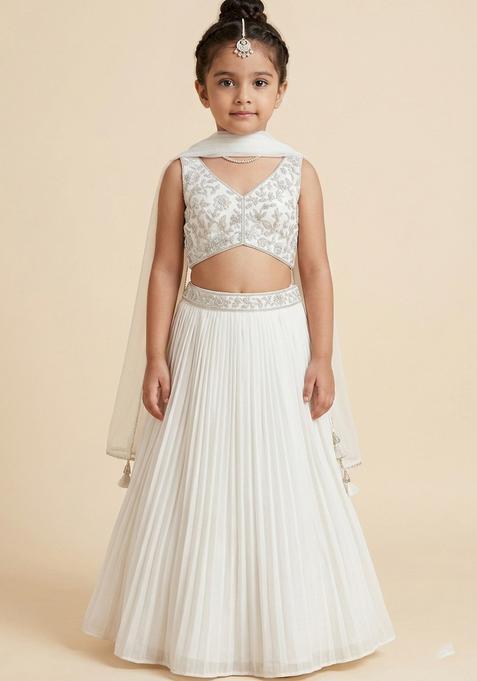 Girls White Embroidered Net Lehenga Set